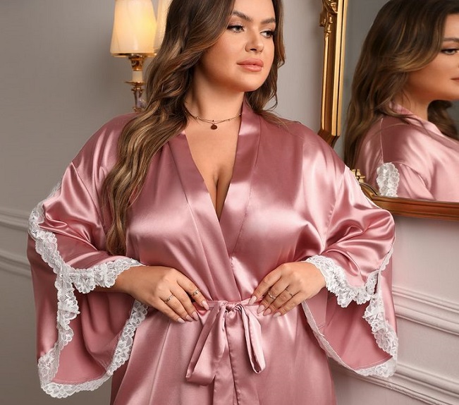 woman wearing pink plus sized robe