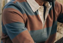 close up of blue and brown rugby top