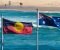 The Australian flag and Australian Aboriginal flag fly side-by-side at Bondi Beach, Sydney in early summer. This image was taken on a windy day in the late afternoon.