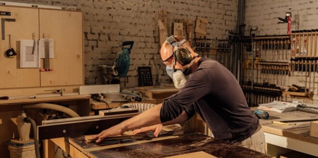 a person working on a machine with wood